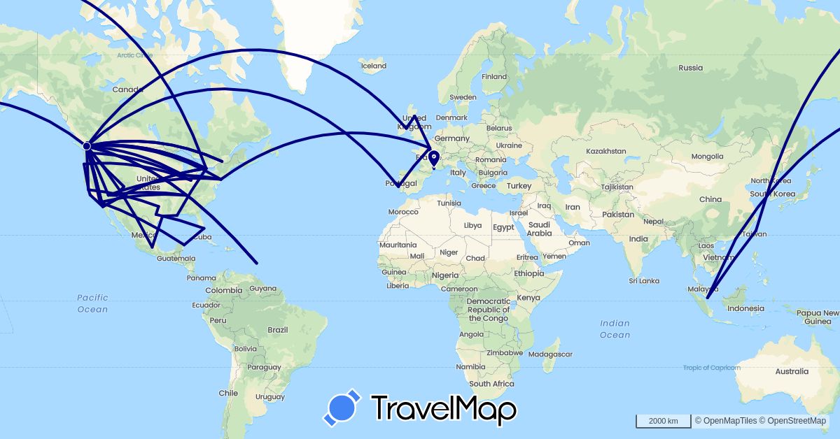 TravelMap itinerary: driving in Canada, China, France, United Kingdom, Ireland, Saint Lucia, Mexico, Portugal, Singapore, Taiwan, United States (Asia, Europe, North America)